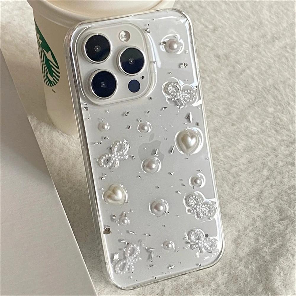 3D Pearl bow silver case iPhone 15 pro